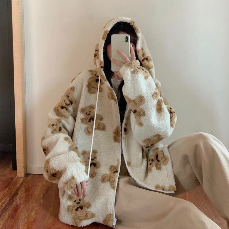 Valenzora Harajuku Bär Teddy-Print Plüschjacke Flauschige Kapuzen-Oberbekleidung