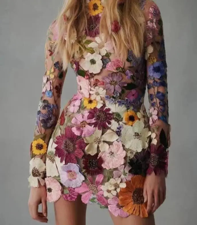 Valenzora | 3D besticktes Mesh-Kleid mit Blumen für Damen
