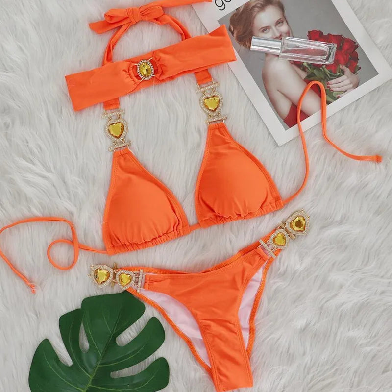 Valenzora | Pink Sexy Bikinis Swimwear with Heart Rhinestones Women's Swimwear Female Push-Up Bikini Beach Swimwear Bathing Suits Pool Swimwear