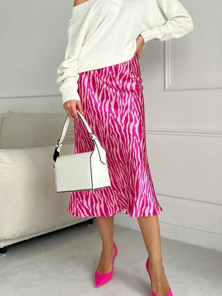 Valenzora | Summer Autumn Women's Elegant Midi Satin Skirts Printed High Waist Office Women's Bodycon Pencil Tight Skirt for Women