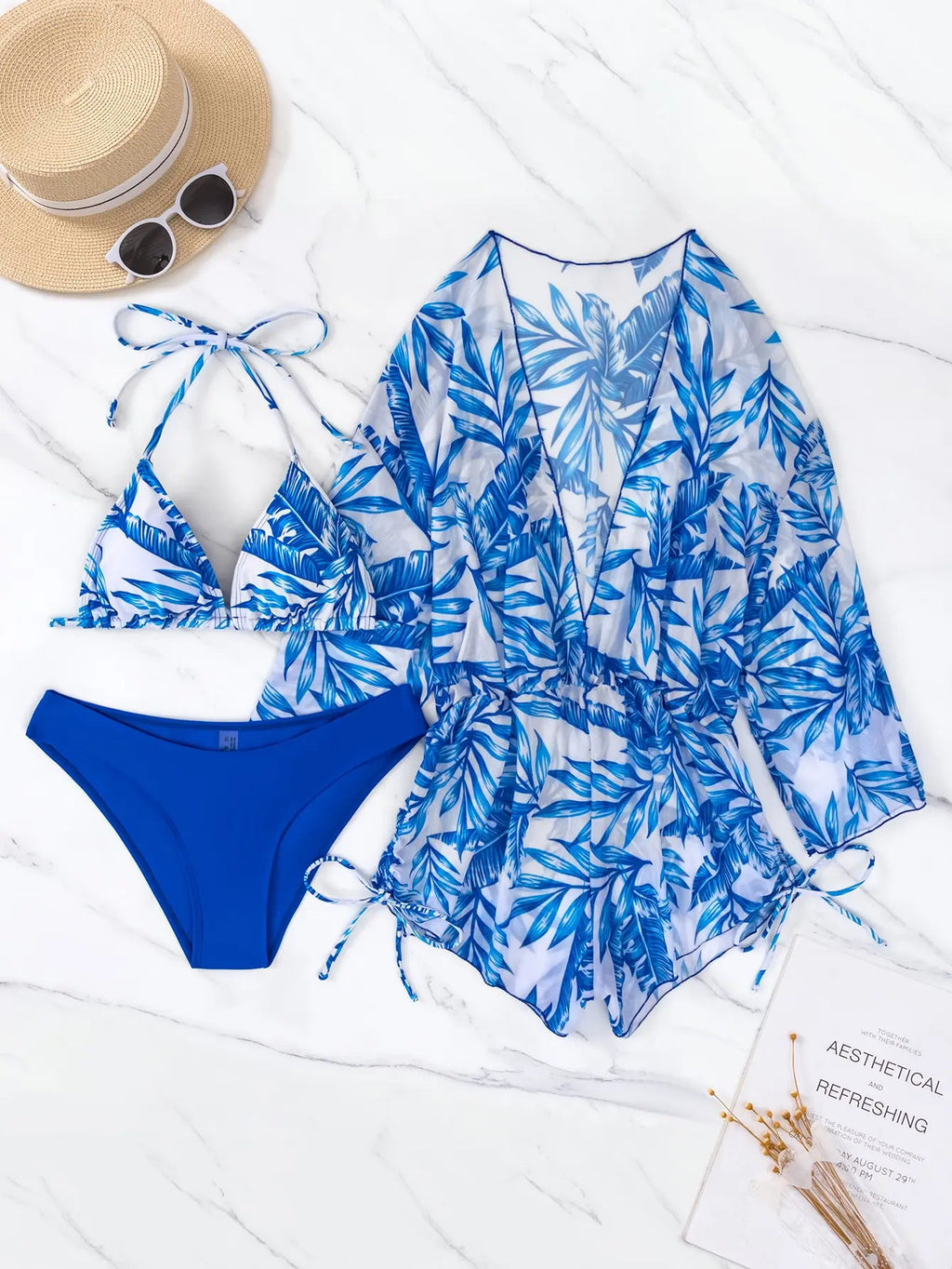 Valenzora | 3-Piece Bikini Tropical Print Swimwear Halter Lace-Up Side Swimsuit Women's Bathing Suit Female Swimming Summer Beachwear