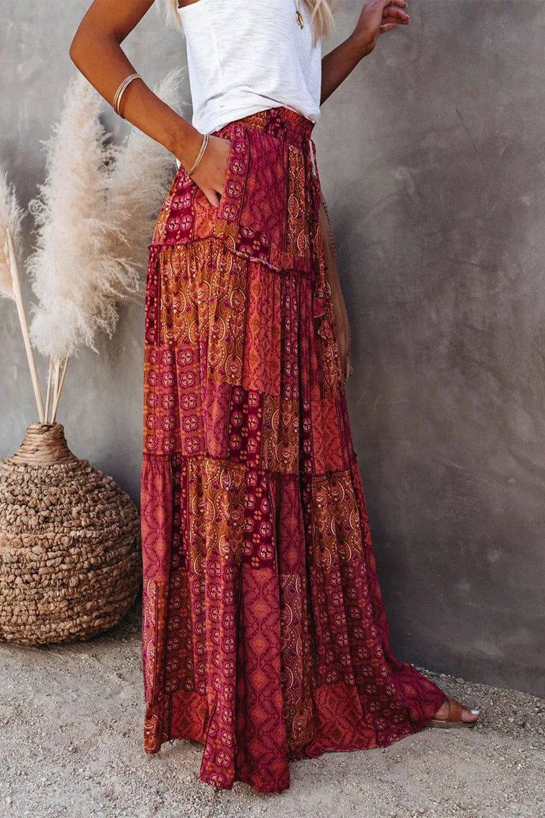 Valenzora | Langbedruckter A-Linienrock mit hoher Taille und Blumenmuster