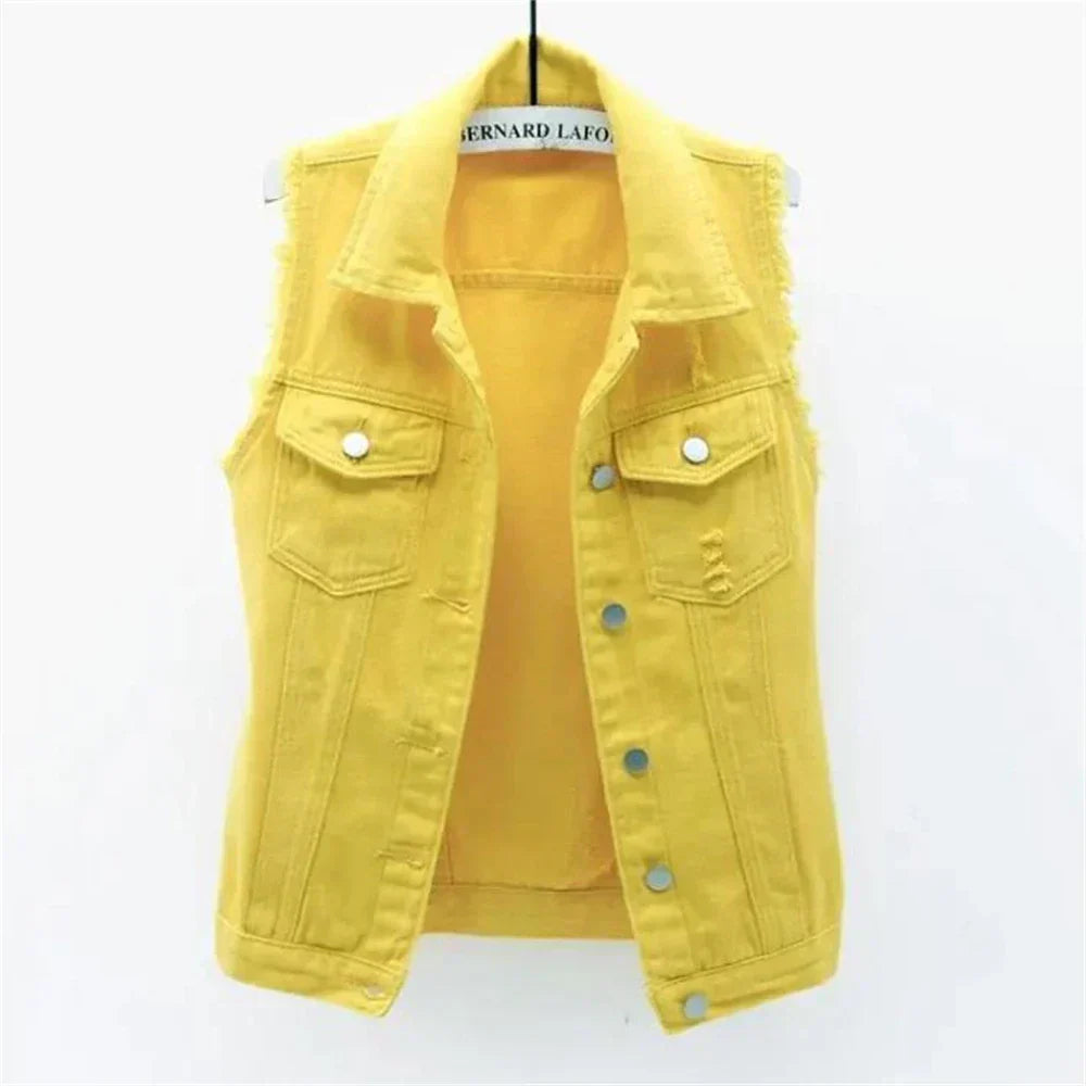Valenzora | Denim Vest Sleeveless Frayed Button Closure Classic Collar Casual Fit