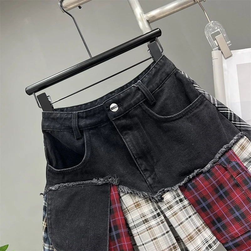 Valenzora | Vintage Irregular Patchwork Checkered Denim Short Skirts for Women High Waist Wrapped Hip Mini Skirt Summer Female