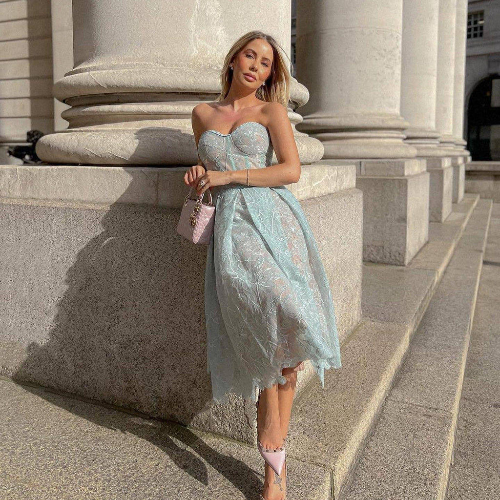 Valenzora | Strapless lace midi dress with corset top