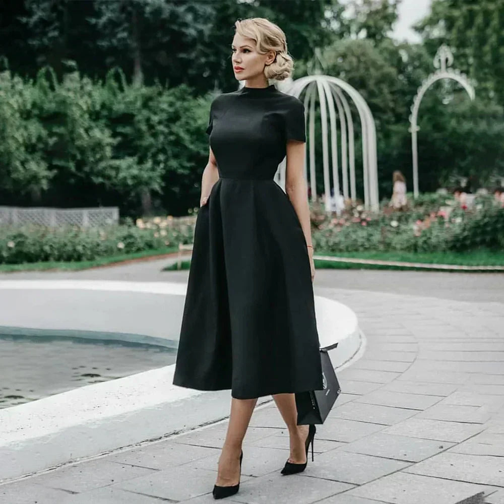 Valenzora | Women's Elegant Black Dress, Half-High Collar, High Waist, A-Line Dresses, Slim Fit Dress, Office Dress, Female Solid Vestidos