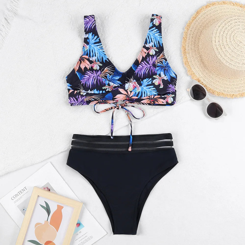 Valenzora | Lace-up High Waist Bikini Women's Swimwear Women's Swimsuit Padded Push-Up Floral Swimsuit Women's Bikini Set