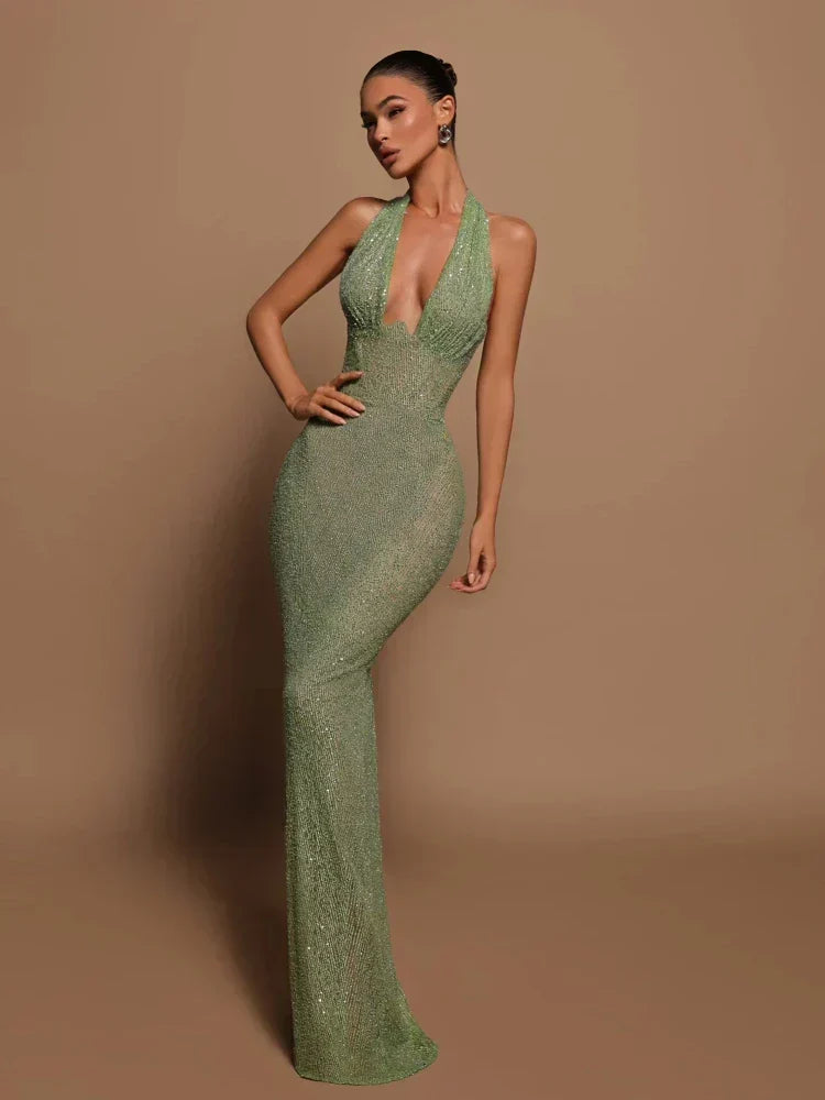 Valenzora | Deep V-neck backless maxi dress