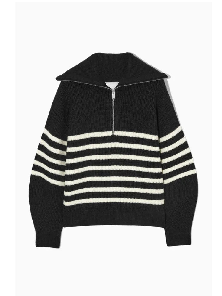Wide turtleneck women's sweater with striped lapel