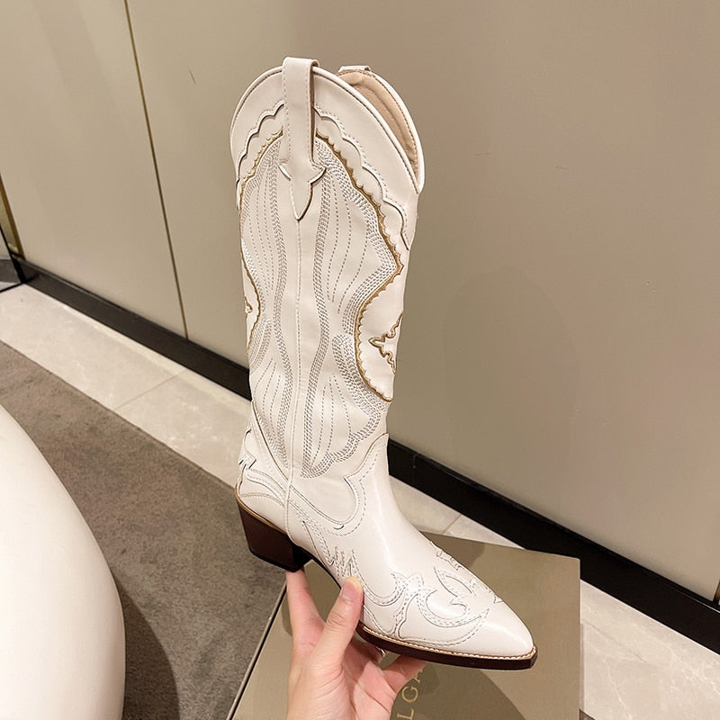 Valenzora Women's Retro-Style Boots - White Knee-High Boots for Comfortable and Stylish Walking