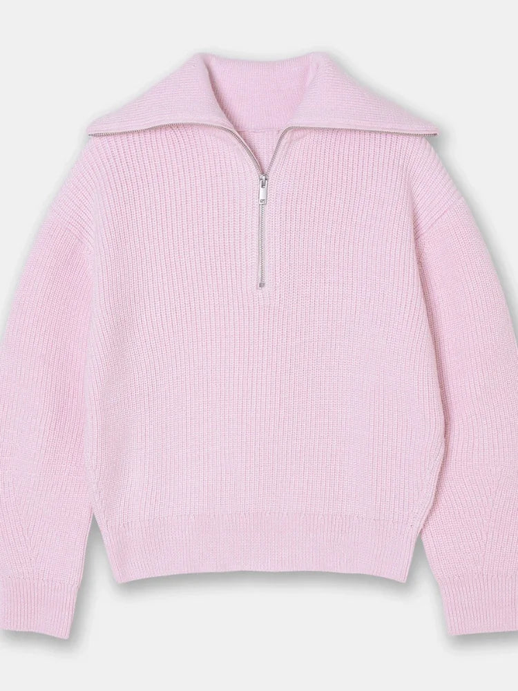Wide turtleneck women's sweater with striped lapel