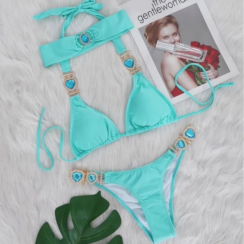 Valenzora | Pink Sexy Bikinis Swimwear with Heart Rhinestones Women's Swimwear Female Push-Up Bikini Beach Swimwear Bathing Suits Pool Swimwear