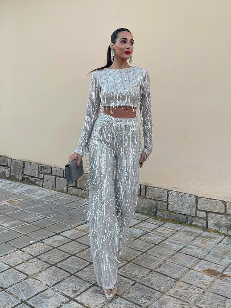 Valenzora | Women's Fashion Sequin 2 Piece Set Sexy Sleeveless Strapless Tank Top Long Loose Pants Luxury Party Club Chic Outfits