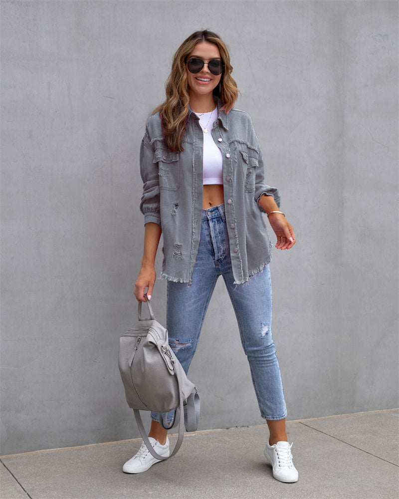 Shirt-style denim coat with holes