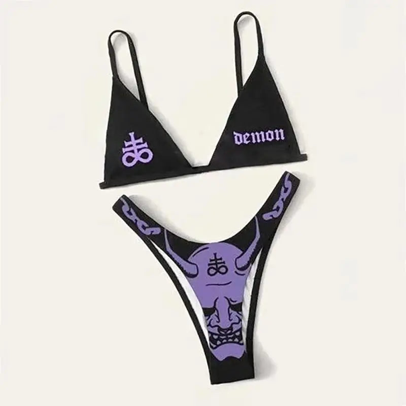 Valenzora | Sexy Gothic Bikini Damen Buchstaben Totenkopf Print Badeanzug Split Badeanzug High Waist Gothic Bikini Set Strand Outfits