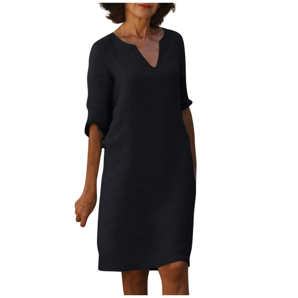 Valenzora | Women's Cotton Linen V-Neck Dress with Half Sleeves