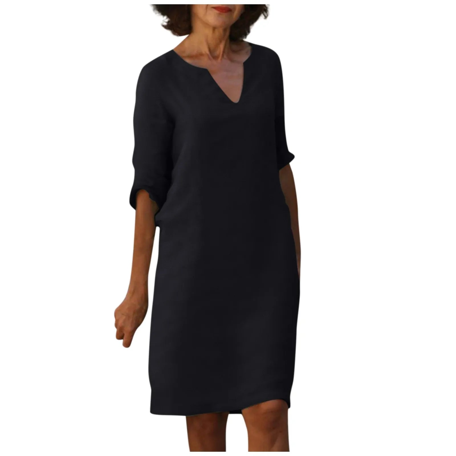 Valenzora | Women's Cotton Linen V-Neck Dress with Half Sleeves