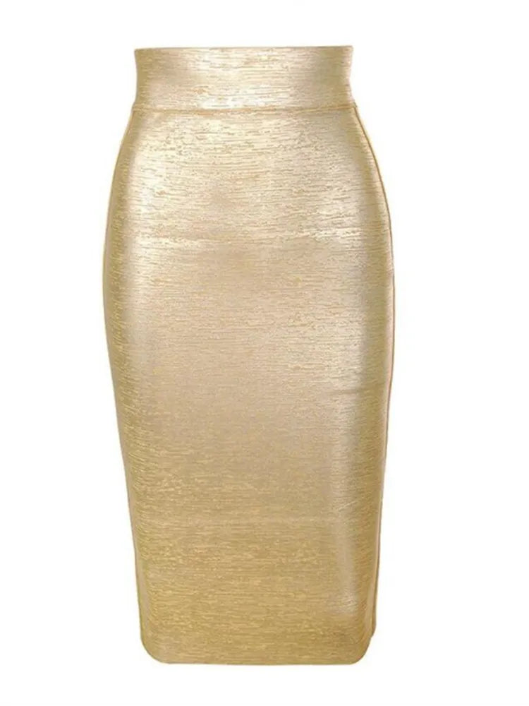 Valenzora | Wholesale Women's Summer Fashion Sexy Gold Bronze Bandage Skirt Designer Nightclub Bodycon Pencil Skirt Faldas 46cm