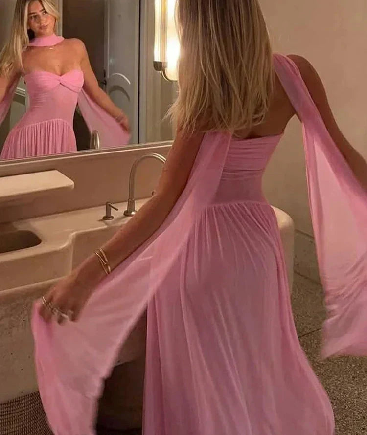 Valenzora | Maxikleid Patchwork Schal Rückenfrei Trägerlos Rüschen Festlich