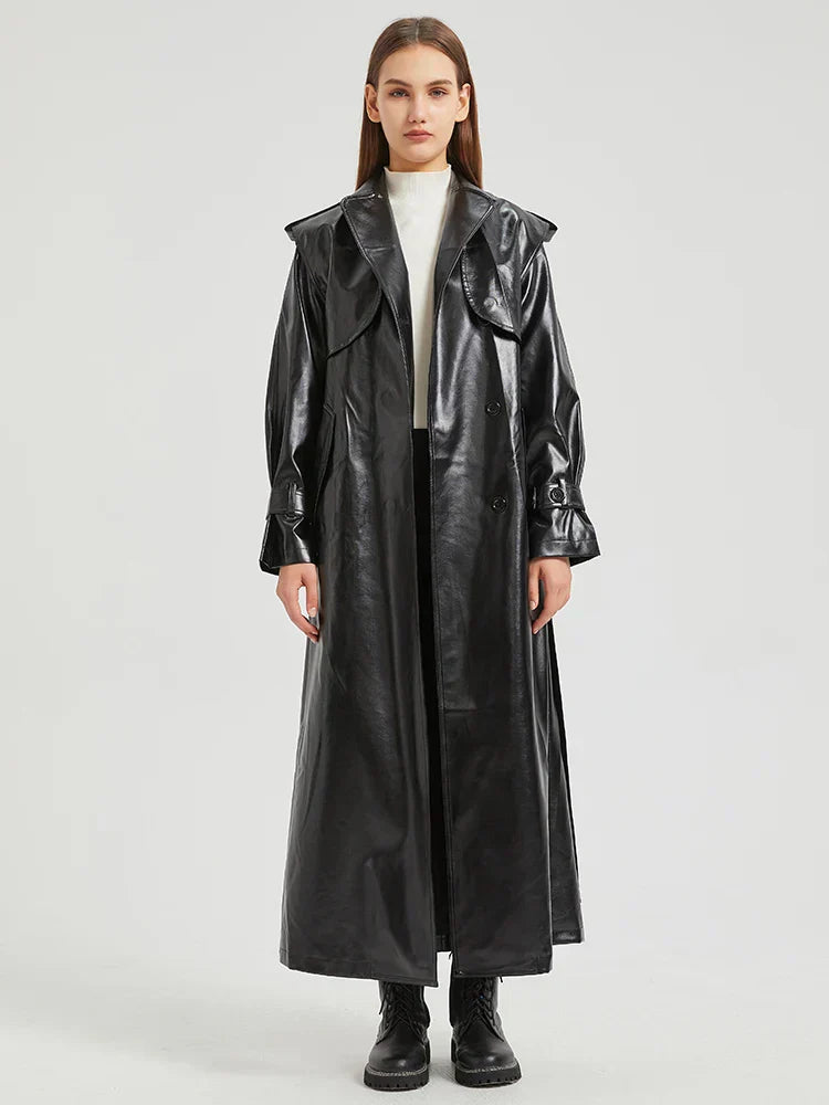Valenzora | Lautaro Autumn Extra Long Gold Shiny Patent PU Leather Trench Coat for Women Simple Buckle Luxury Designer Overcoat