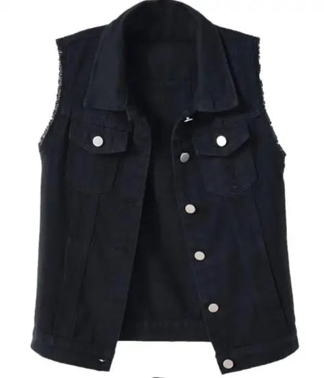 Valenzora | Denim Vest Sleeveless Frayed Button Closure Classic Collar Casual Fit