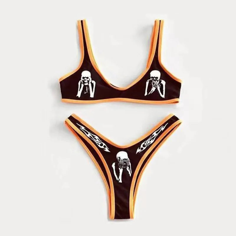 Valenzora | Sexy Gothic Bikini Damen Buchstaben Totenkopf Print Badeanzug Split Badeanzug High Waist Gothic Bikini Set Strand Outfits
