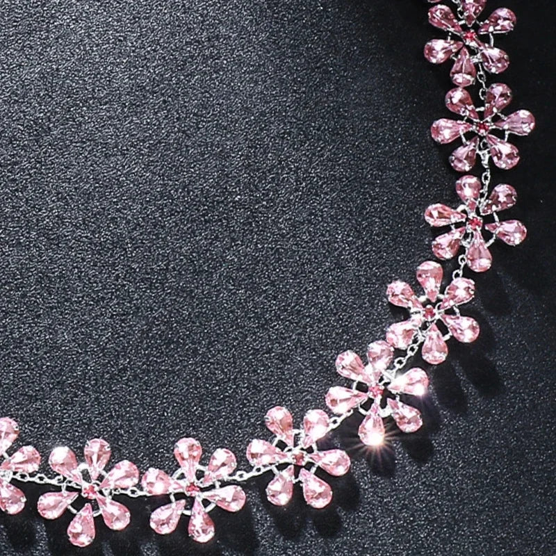Valenzora | Fashion Pink Crystal Flowers Choker Necklace Statement Accessories Fashion Women's Rhinestone Collar Necklace Clavicle Jewelry Ins