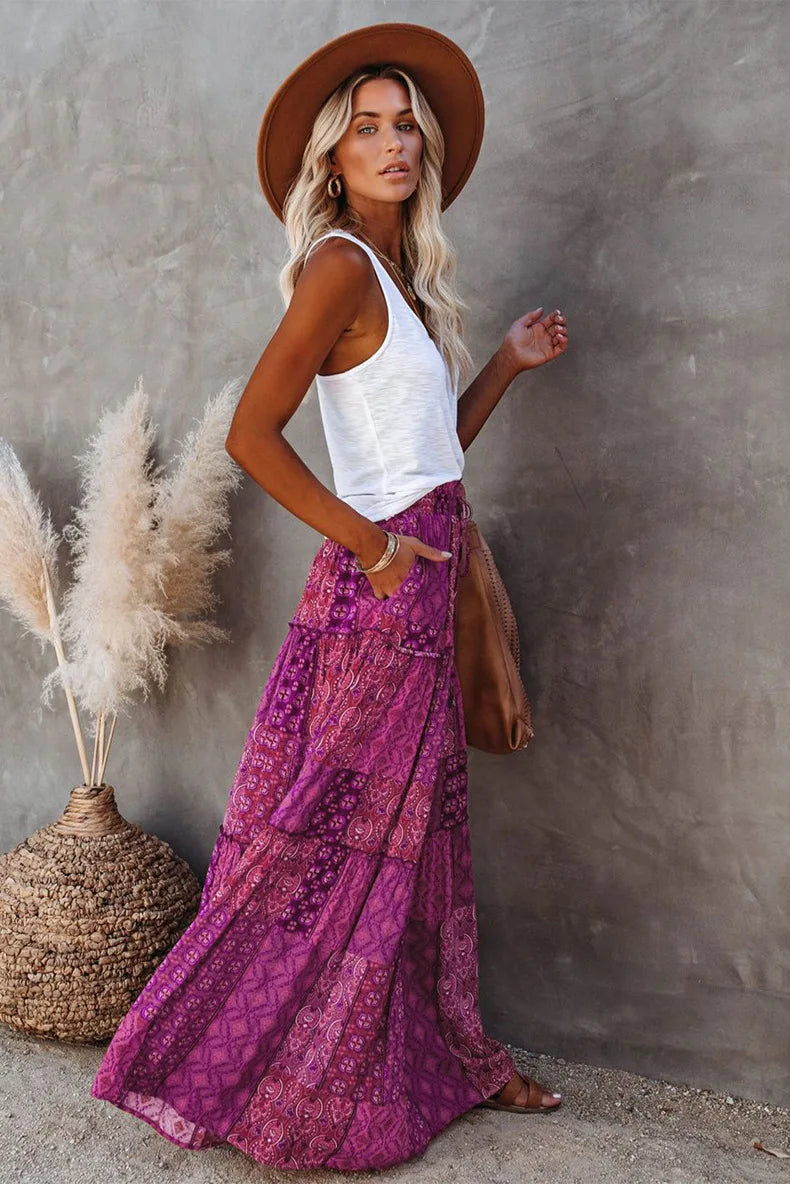 Valenzora | Langbedruckter A-Linienrock mit hoher Taille und Blumenmuster