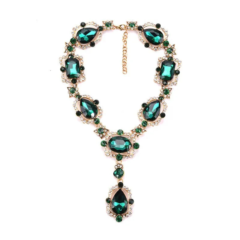 Valenzora | Statement Rhinestones Jewelry Large Gemstone Gem Stone Crystal Victorian Jewelry Green Emerald Bib Necklace for Women