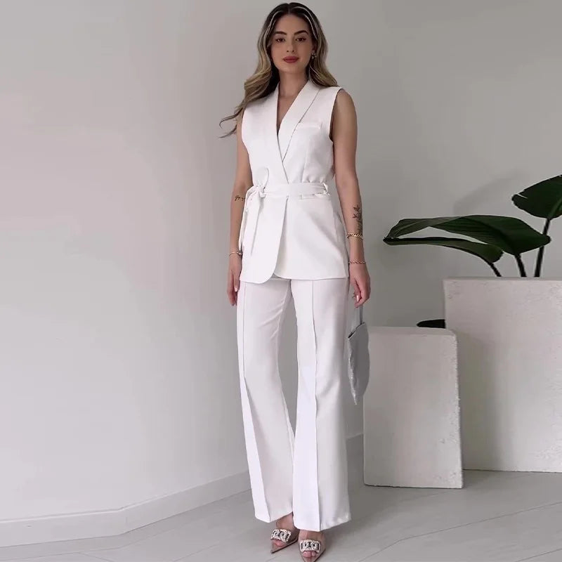 Valenzora | Sleeveless blazer suit, tailored fit, wrap V-neck, wide-leg trousers