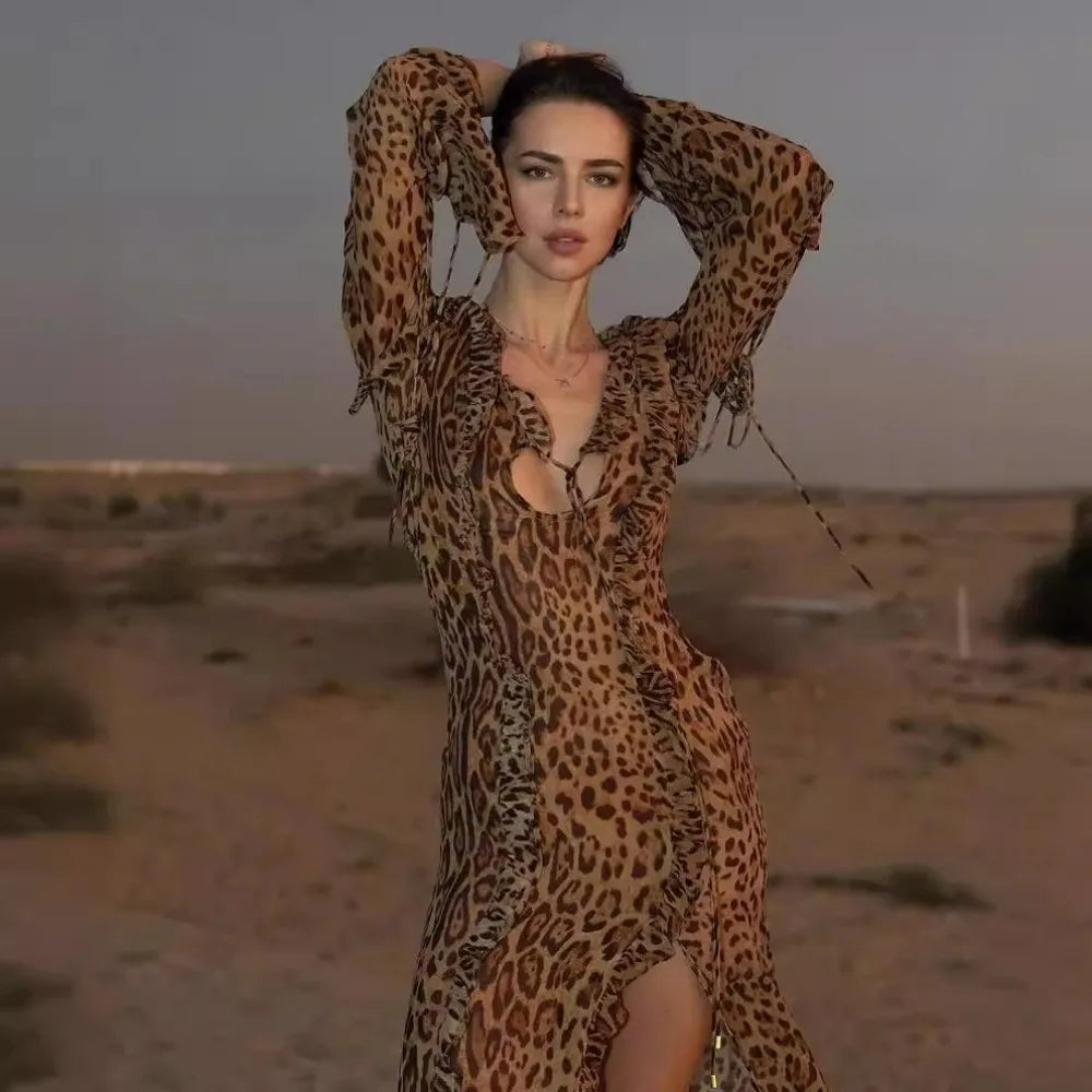 Valenzora | Leopard print dress with ruffles and high slit
