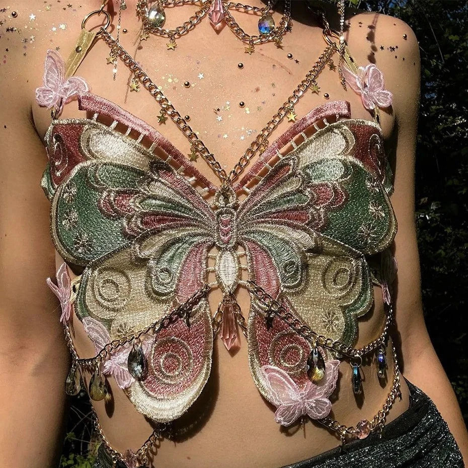 Valenzora | Besticktes Y2K-Schmetterlings-Crop-Top