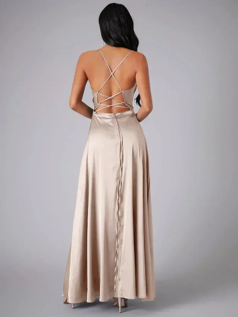 Valenzora | Seidenmaxikleid mit geflochtenem Rücken. Kleiden Sie sich für festliche Anlässe. Lucette