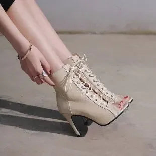 Valenzora | Sandals Cave Mesh Heels Belt Buckle Women's Summer Beige Lace-up Sexy Open Toe Stiletto Jazz Dance Party Women's Shoes