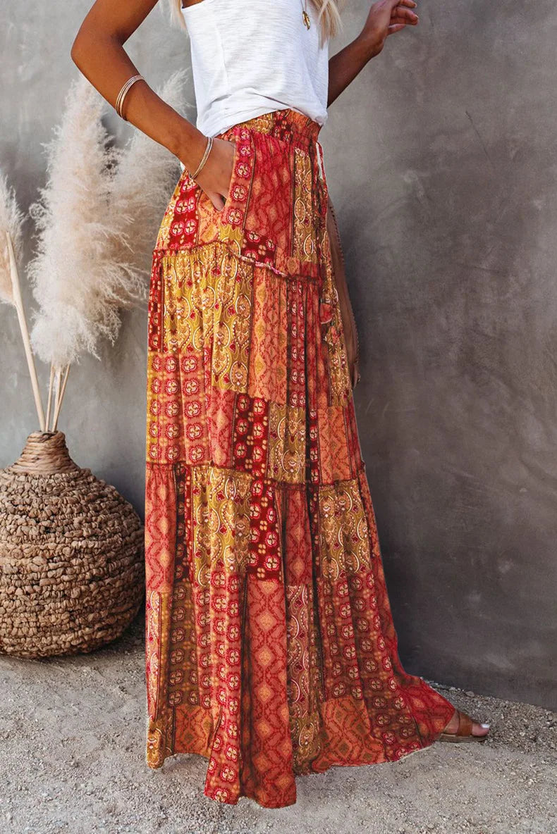 Valenzora | Langbedruckter A-Linienrock mit hoher Taille und Blumenmuster