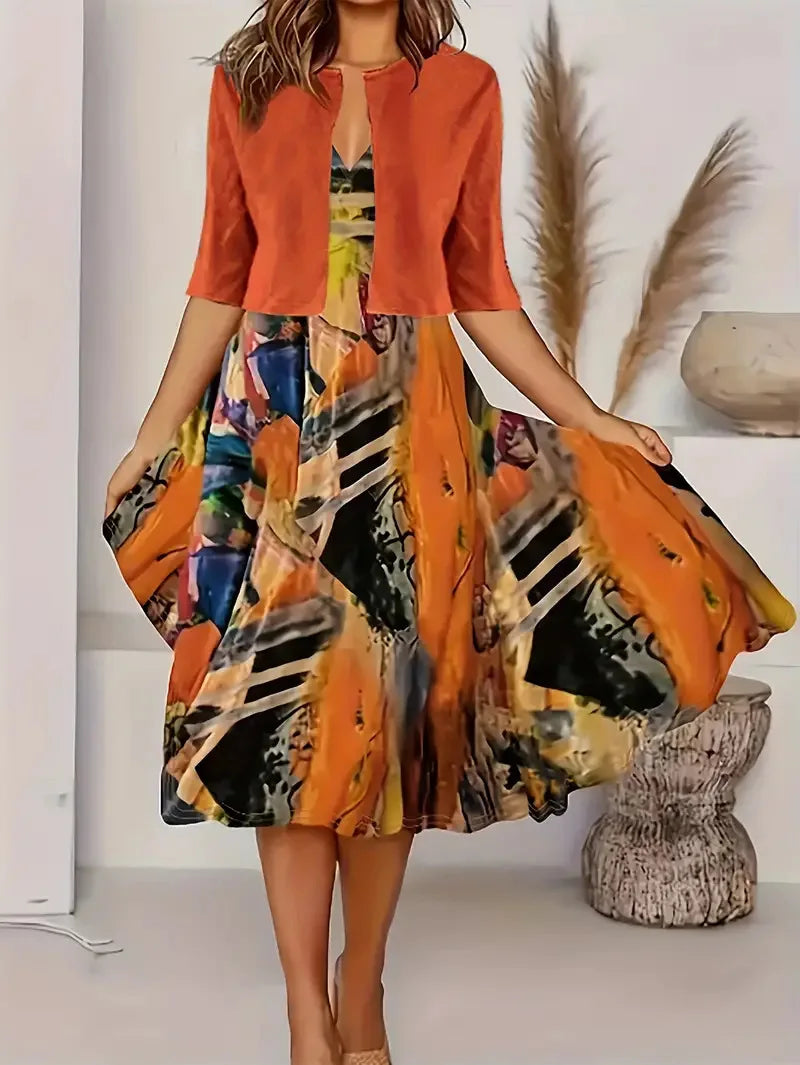 Valenzora | New for summer! EU US Autumn Women's 2 Long Dress Set Floral and Grass Dot Crew Neck Dress with Chiffon Short Jacket
