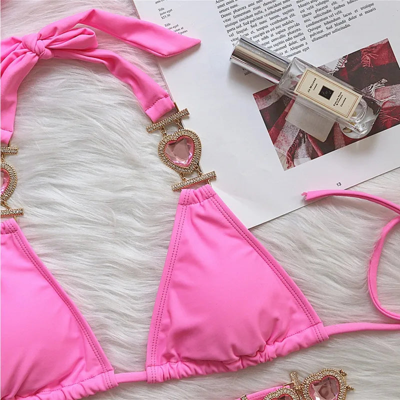 Valenzora | Pink Sexy Bikinis Swimwear with Heart Rhinestones Women's Swimwear Female Push-Up Bikini Beach Swimwear Bathing Suits Pool Swimwear