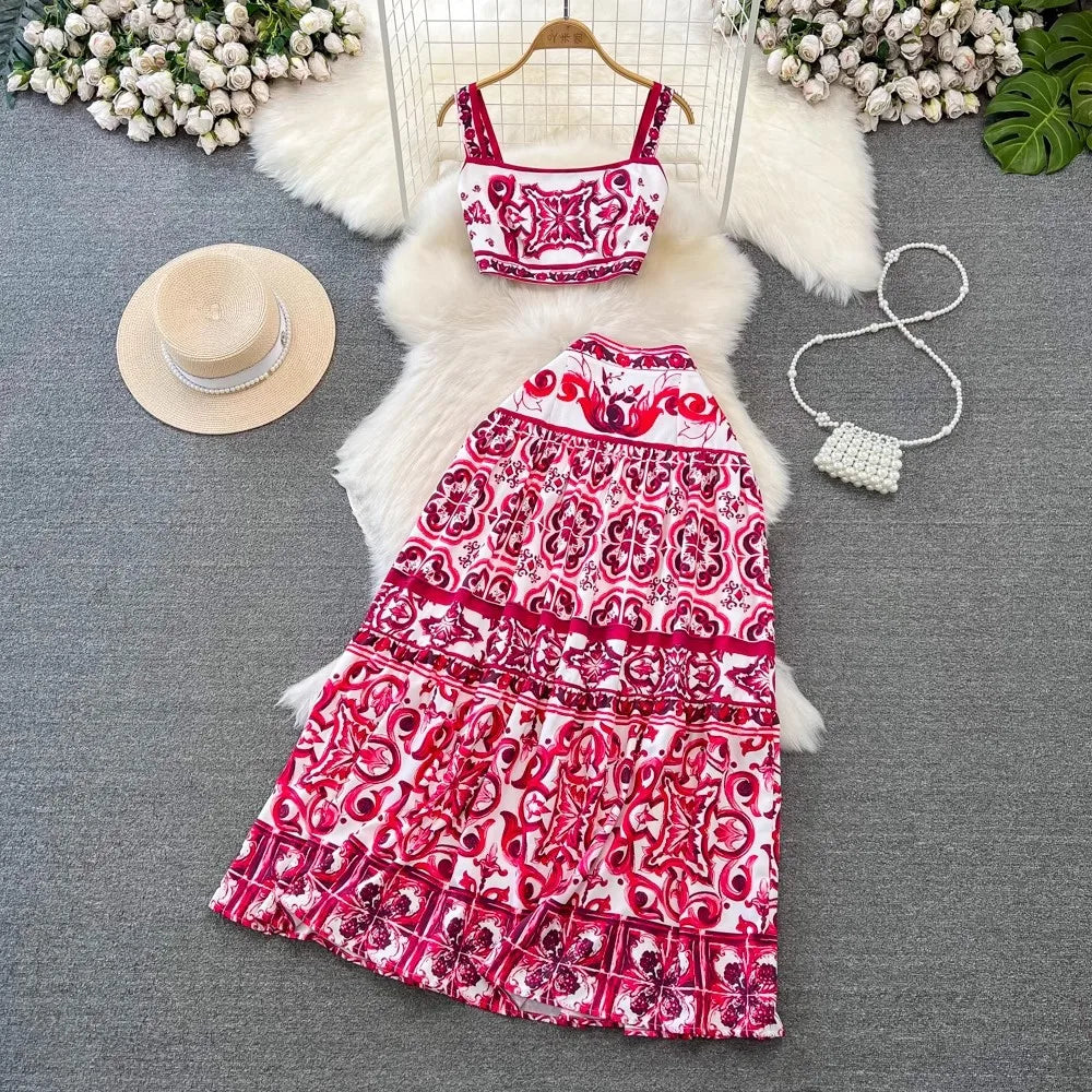 Valenzora Flower Two-Piece Set | Stylish printed top and maxi skirt summer women's set