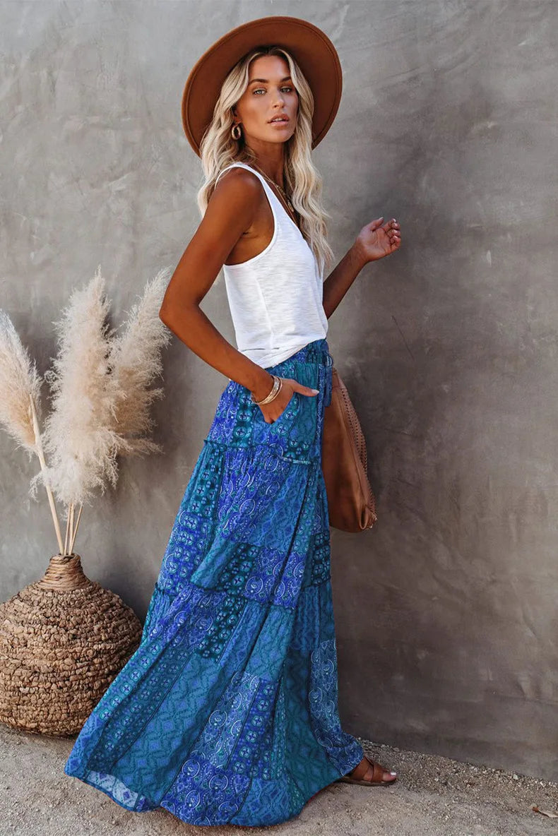 Valenzora | Langbedruckter A-Linienrock mit hoher Taille und Blumenmuster