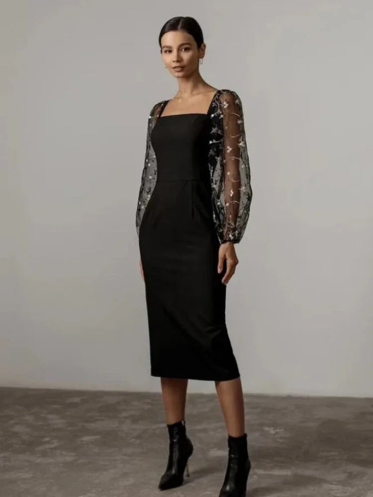 Valenzora | Evening and party dress with square neckline and long sleeves