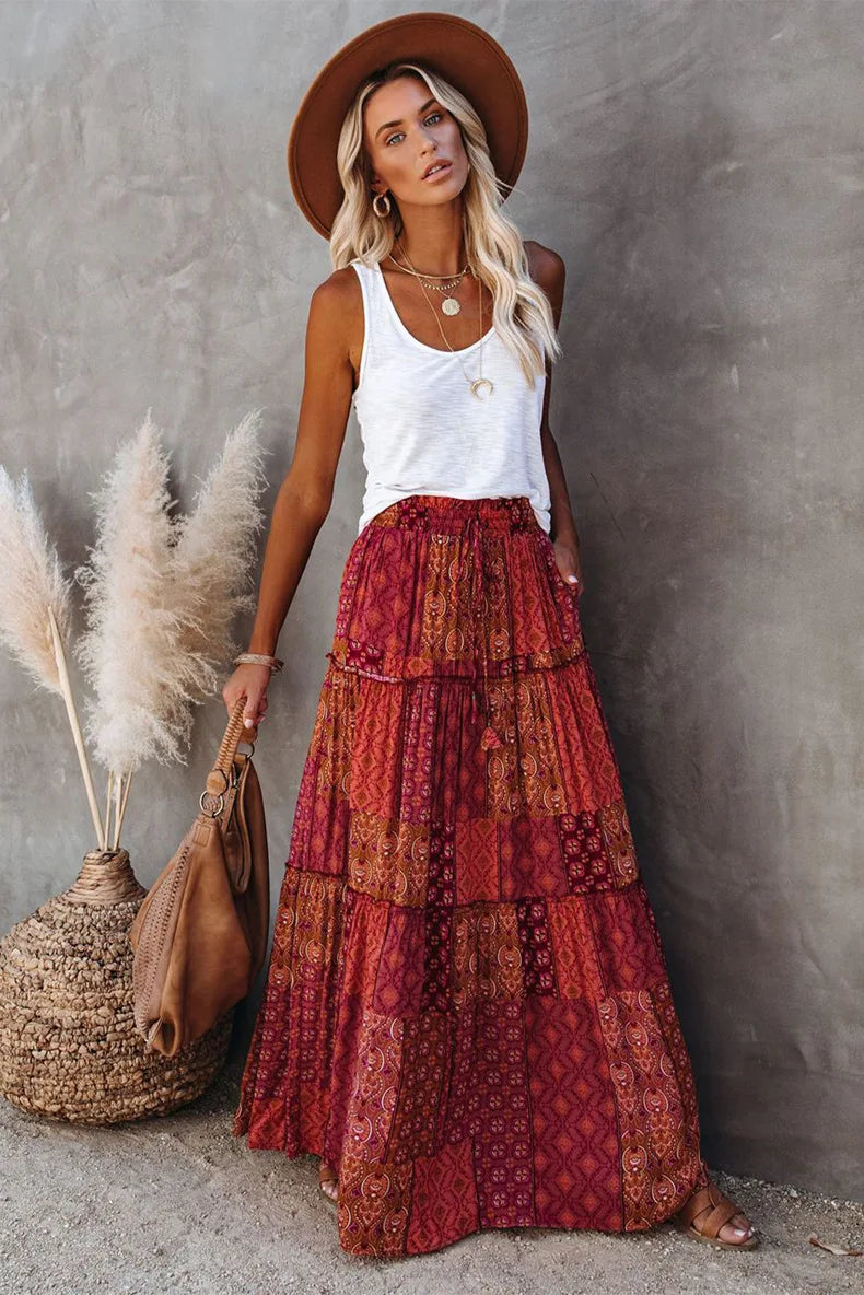 Valenzora | Langbedruckter A-Linienrock mit hoher Taille und Blumenmuster