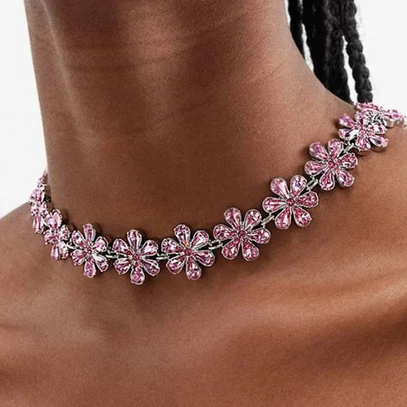 Valenzora | Fashion Pink Crystal Flowers Choker Necklace Statement Accessories Fashion Women's Rhinestone Collar Necklace Clavicle Jewelry Ins