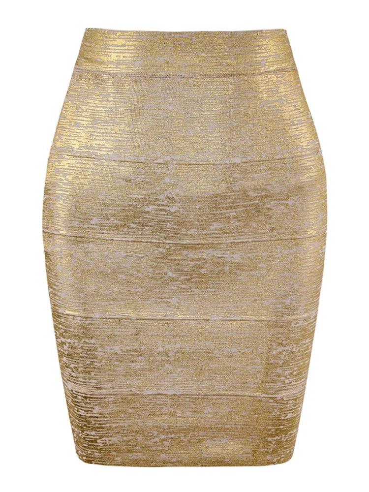 Valenzora | Wholesale Women's Summer Fashion Sexy Gold Bronze Bandage Skirt Designer Nightclub Bodycon Pencil Skirt Faldas 46cm
