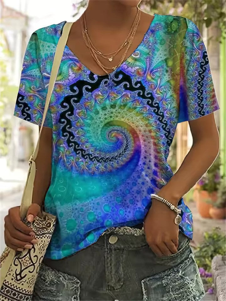 Valenzora | Vibrant retro V-neck T-shirt for women
