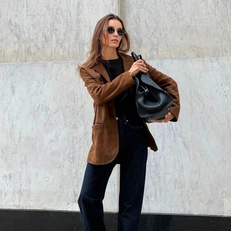 Valenzora | Brown suede jacket with lapels, chic and warm