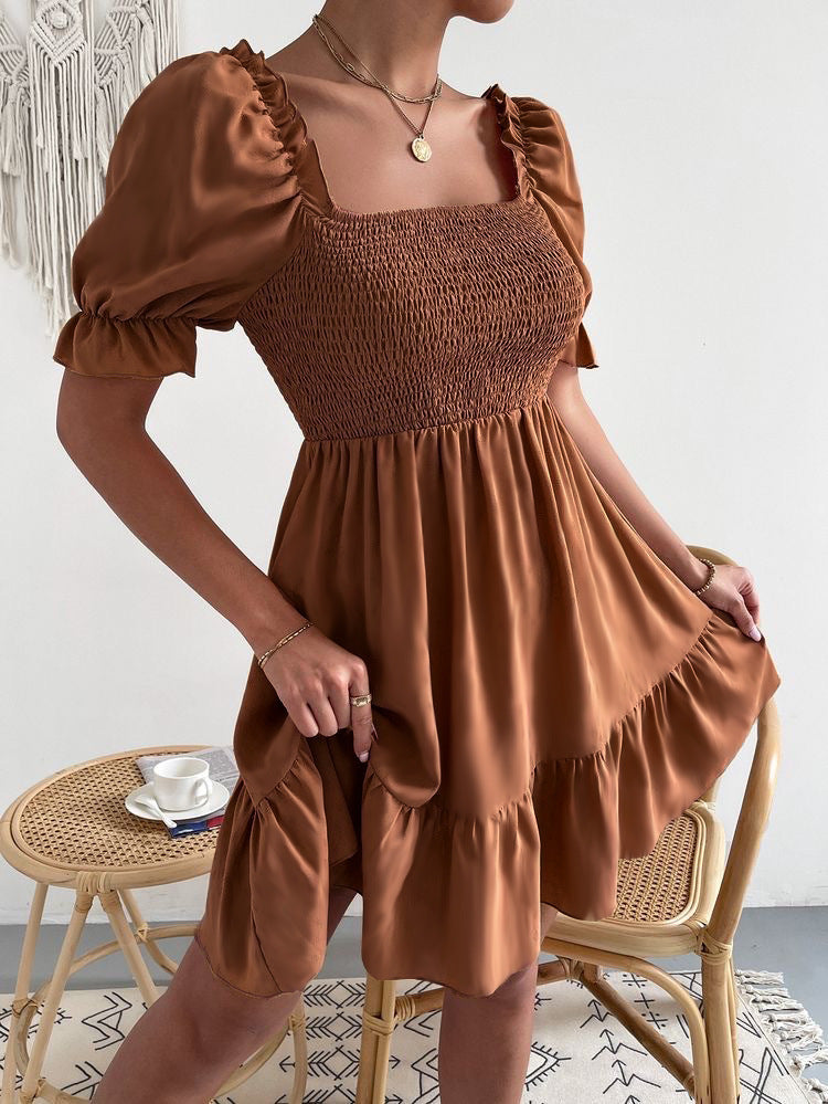 Valenzora - Brown mini dress with puff sleeves