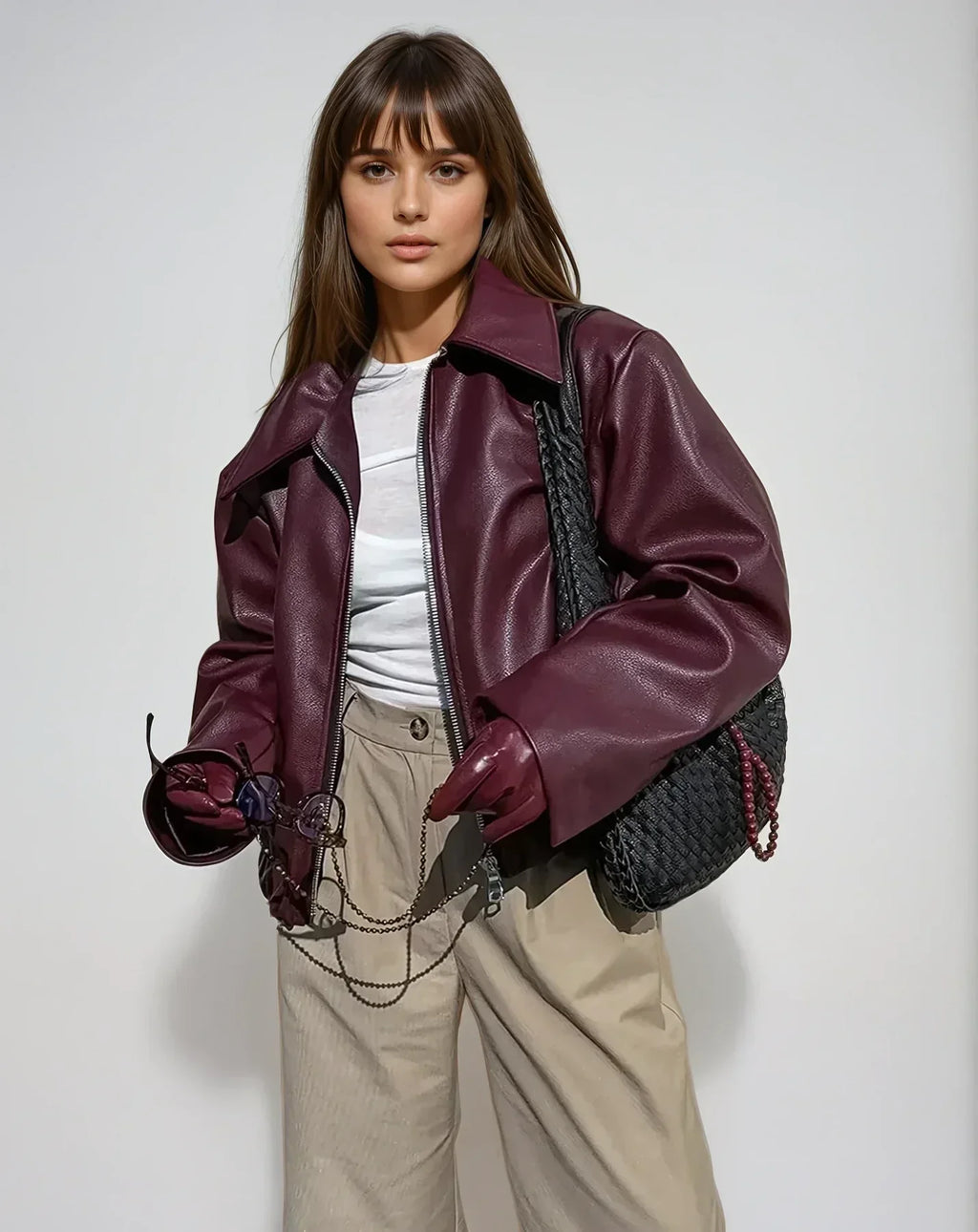 Valenzora | Damen Rote Lederjacke Vintage-Lederjacke mit Reißverschluss für Damen