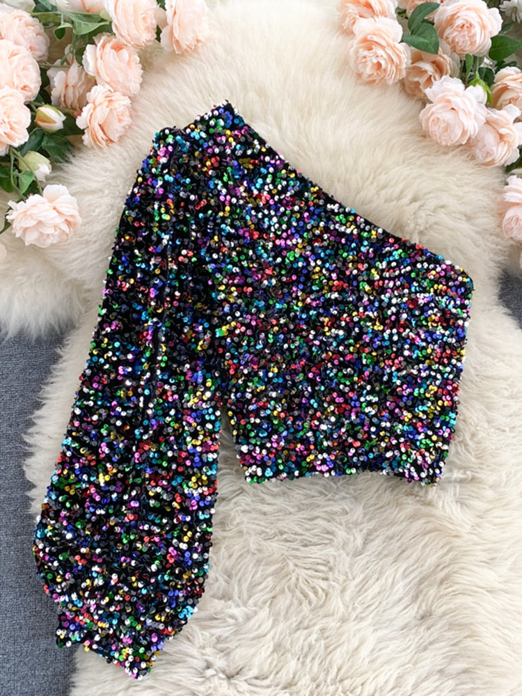 Valenzora | Glittering top with one shoulder strap