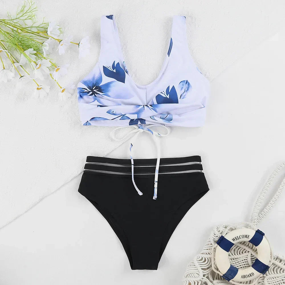 Valenzora | Lace-up High Waist Bikini Women's Swimwear Women's Swimsuit Padded Push-Up Floral Swimsuit Women's Bikini Set