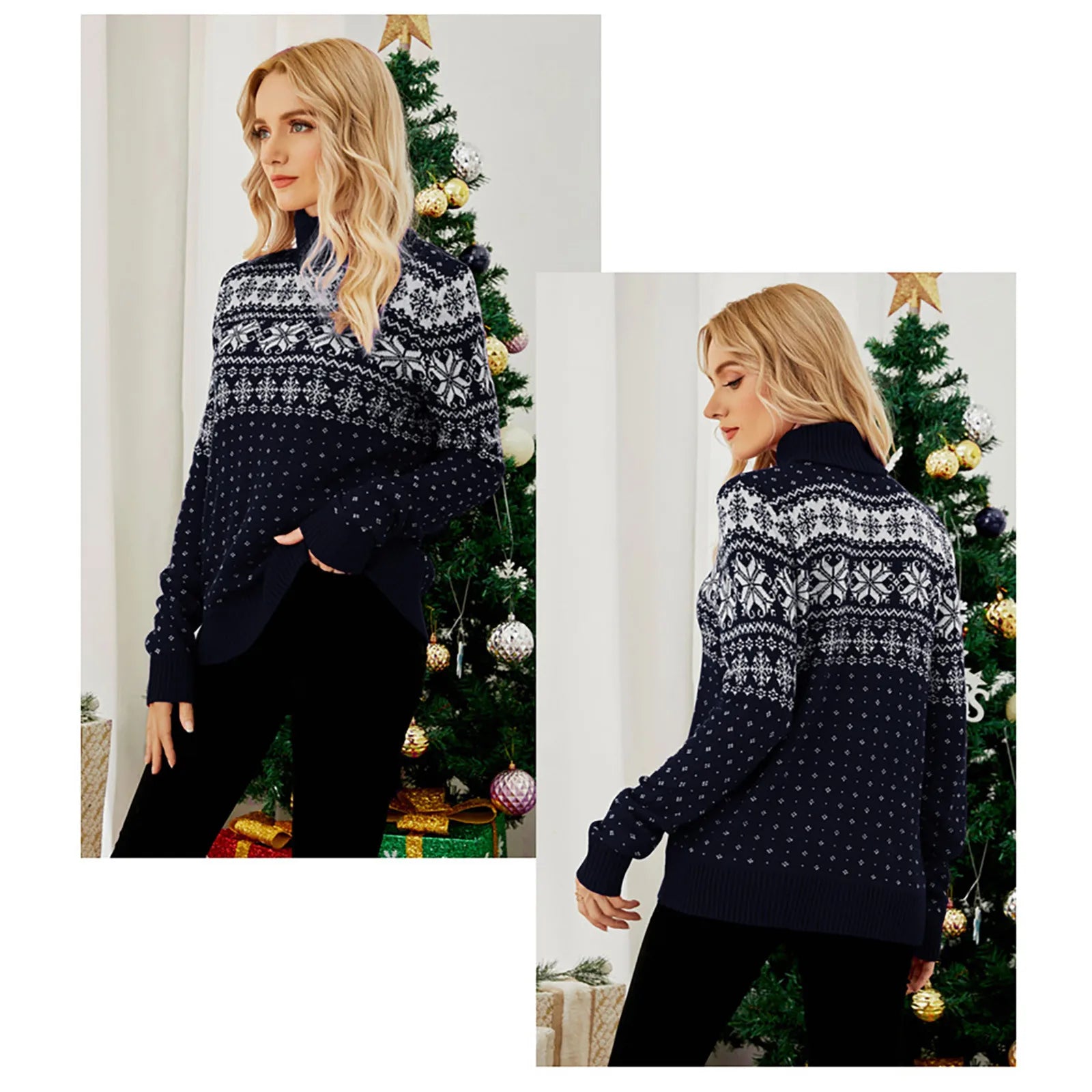 Valenzora - Ugly Christmas Sweater - Vintage Turtleneck Sweater with Snowflake Pattern